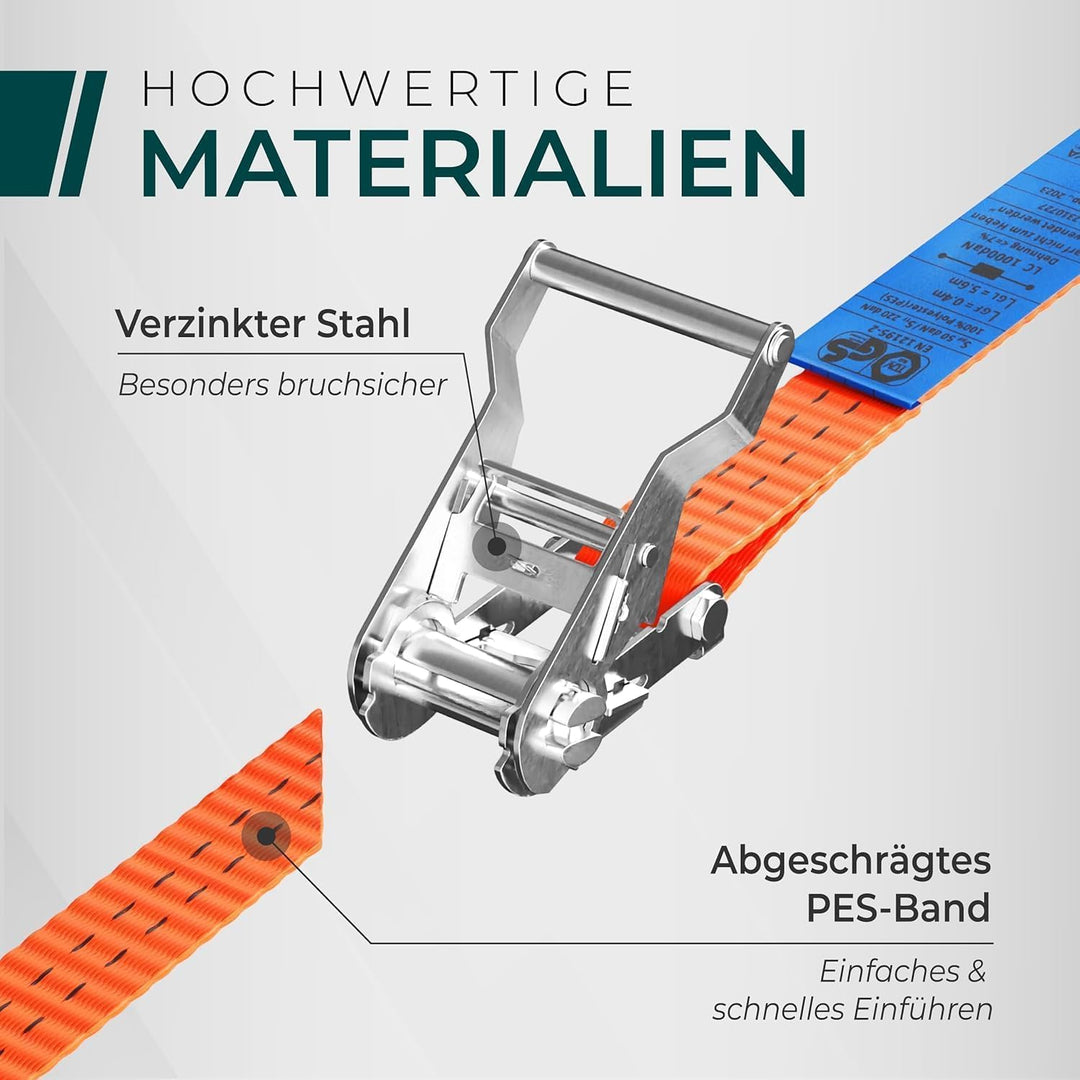 Schwerlast Spanngurte mit Ratsche 2000kg 6M 35MM – TÜV/GS (DIN EN 12195-2) – Zurrgurte mit Haken in