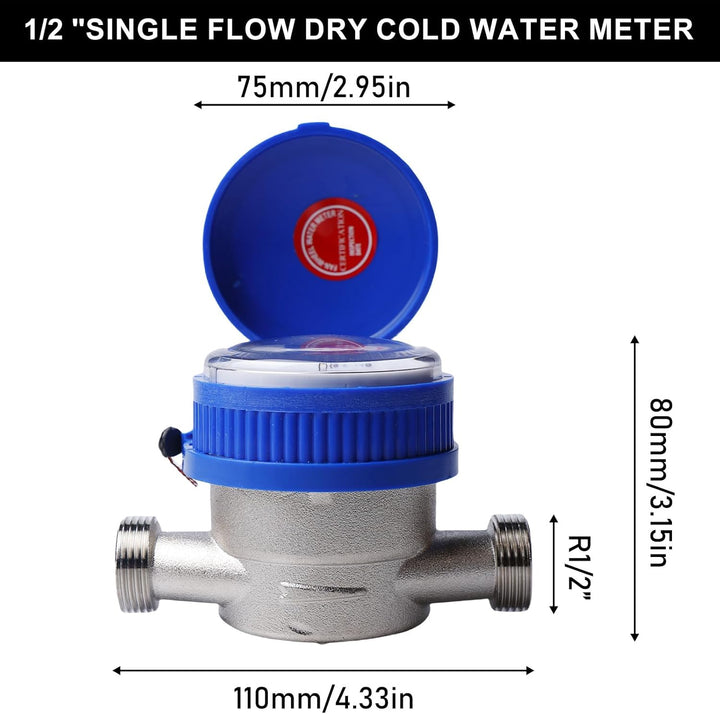 Wasserzähler Garten, 1/2 Zoll Geeicht Kalt Wasseruhr Haushalt Kaltwasserzähler mit Armaturen und Sch