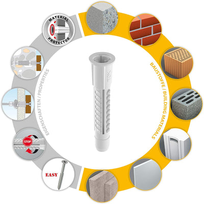 TOX Allzweckdübel mit Kragen Deco Ø 6 mm Ø 8 mm Ø 10 mm + TOX Meterstab, Dübel für fast alle Baustof