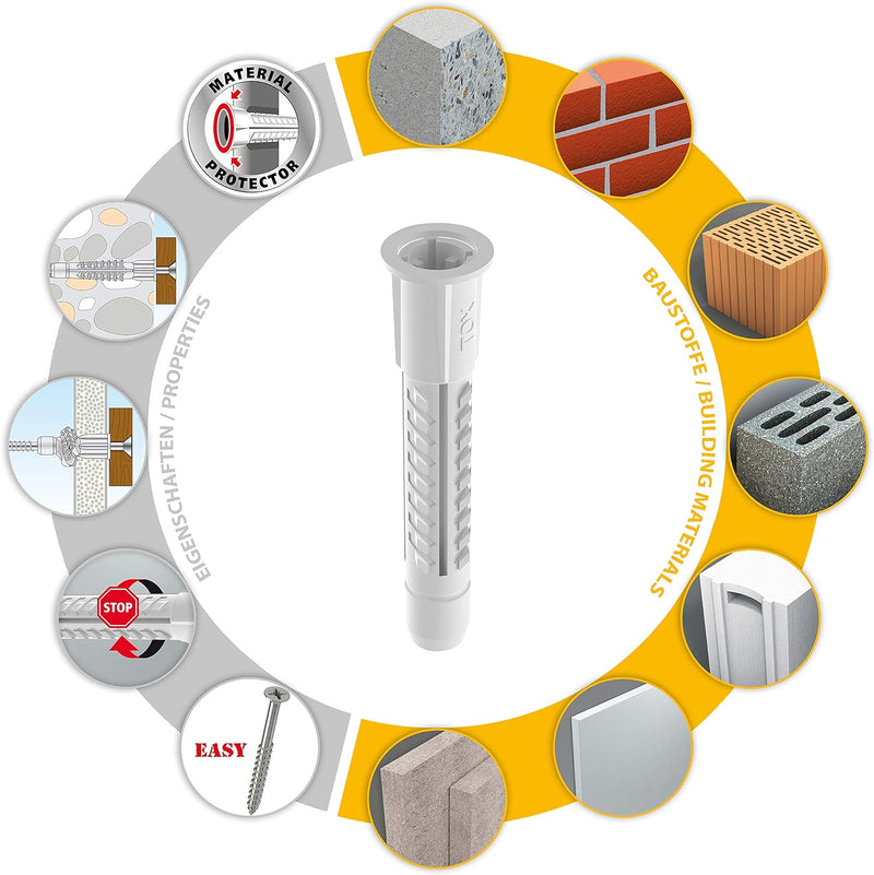 TOX Allzweckdübel mit Kragen Deco Ø 6 mm Ø 8 mm Ø 10 mm + TOX Meterstab, Dübel für fast alle Baustof