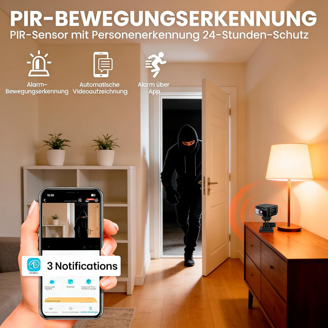 Mini Kamera, 4K WLAN Überwachungskamera Innen Akku mit Netzbetrieb – WLAN Überwachungskamera mit 150