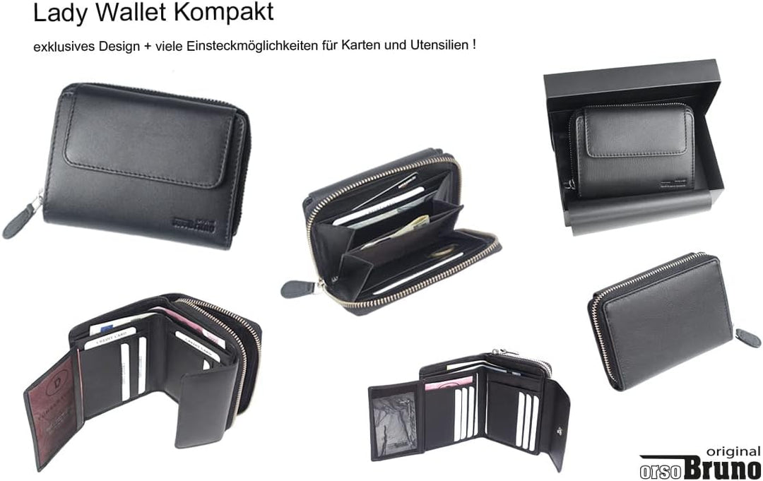 orso Bruno original schönes Damen Portemonnaie Leder schwarz Damengeldbörse mittelgross klein kompak