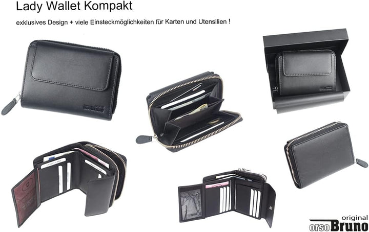 orso Bruno original schönes Damen Portemonnaie Leder schwarz Damengeldbörse mittelgross klein kompak