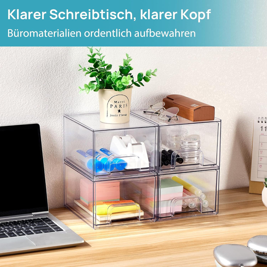 Vtopmart 4 Pack Stackable Storage Drawers, Acrylic Organiser with 32 Non-slip Mat, Acrylic Drawer Or