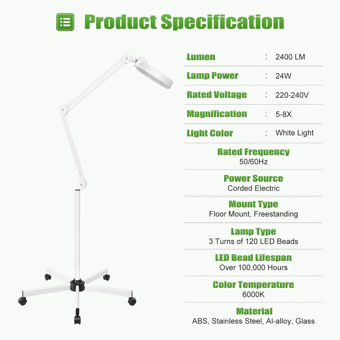 LED Lupenleuchte Kosmetik mit Standfuss, 8X LED Lupenlampe, Mit Rollstativ Lupenleuchte Kosmetiklamp