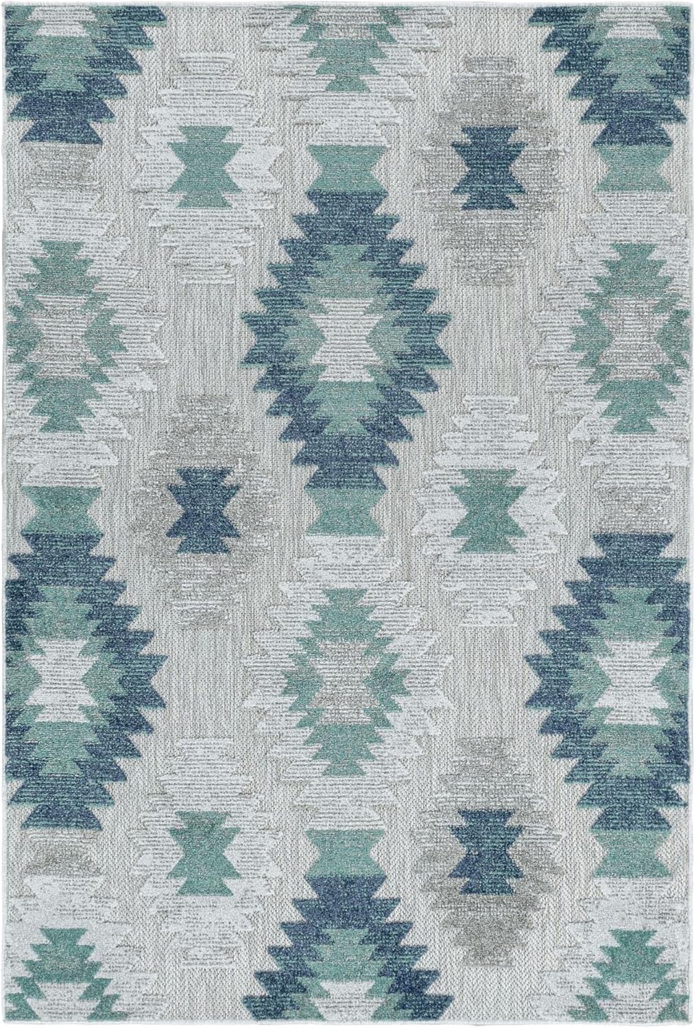 Outdoor Teppich Modern, Kelim Berber Muster 3D Optik, Rechteckig, Grau mit blauen Mustern, Hoch-Tief