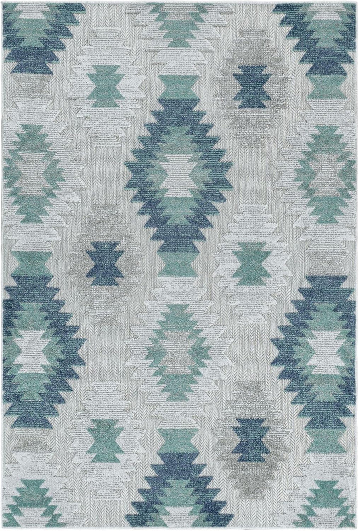 Outdoor Teppich Modern, Kelim Berber Muster 3D Optik, Rechteckig, Grau mit blauen Mustern, Hoch-Tief