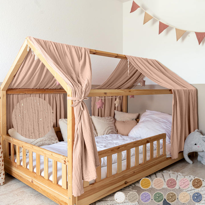 Hausbett Himmel mit Gold Applikation [in 12 Farben] Betthimmel Hausbett aus 100% Baumwolle Musselin