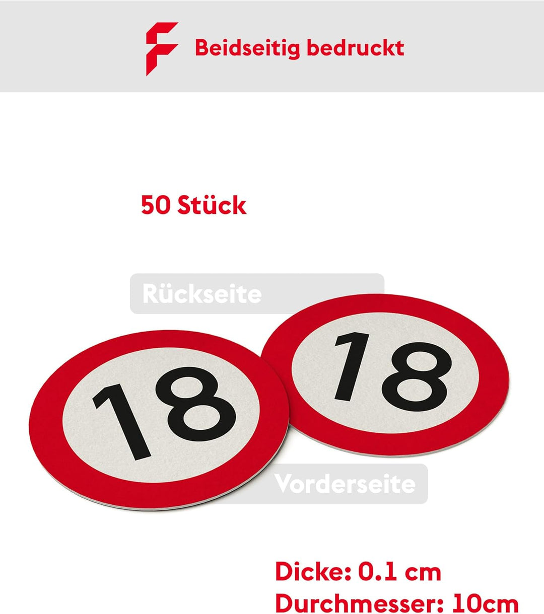 Bierdeckel Pappe zum 18. Geburtstag (50 Stück) Verkehrsschild Gläser Untersetzer (⌀10cm) für Frauen