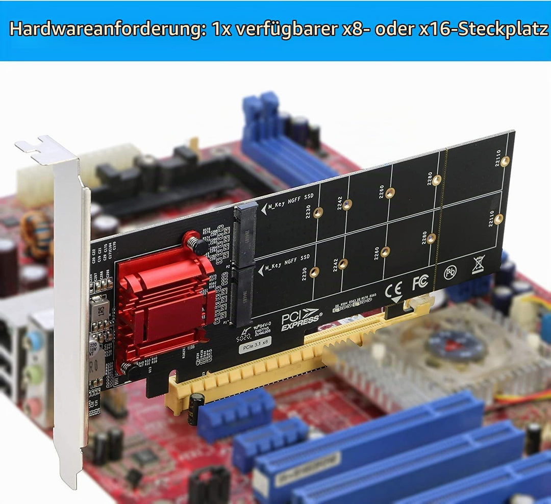 RIITOP Dual M.2 NVMe SSD auf PCIe Express 3.1 x8 x16 Kartenadapter, Unterstützung M-Key M.2 NVMe SSD