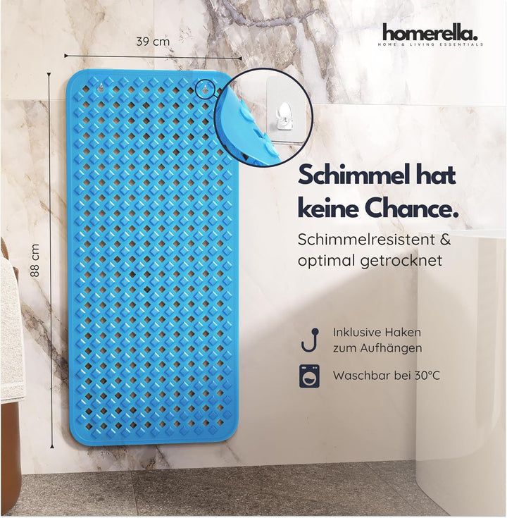 homerella® Badewannenmatte rutschfest 88x39cm, INKL. HAKEN, Rutschfeste Badematte BPA frei, Duschmat