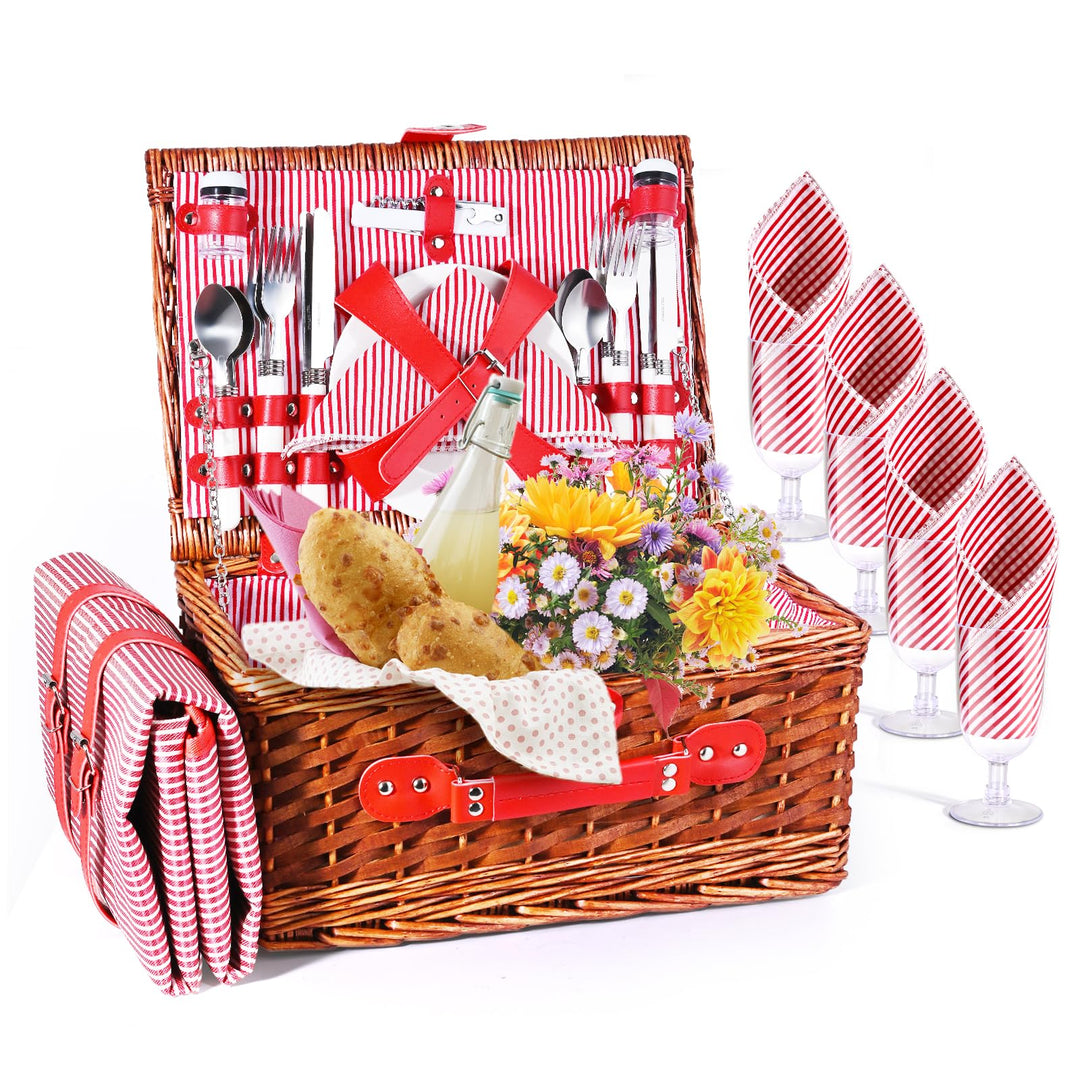 Picknickkorb für 4 Personen, aus Weide mit wasserdichter Decke und Besteck, für Camping, Rosa Rosa,
