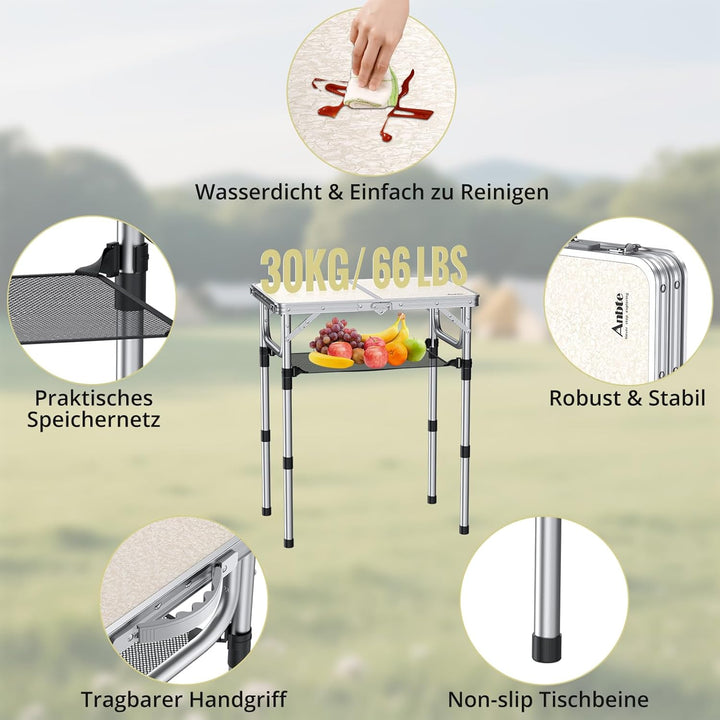 Anbte Campingtisch Klapptisch aus Aluminium mit 3 Verstellbare Höhe Tragbar Koffertisch mit Aufbewah