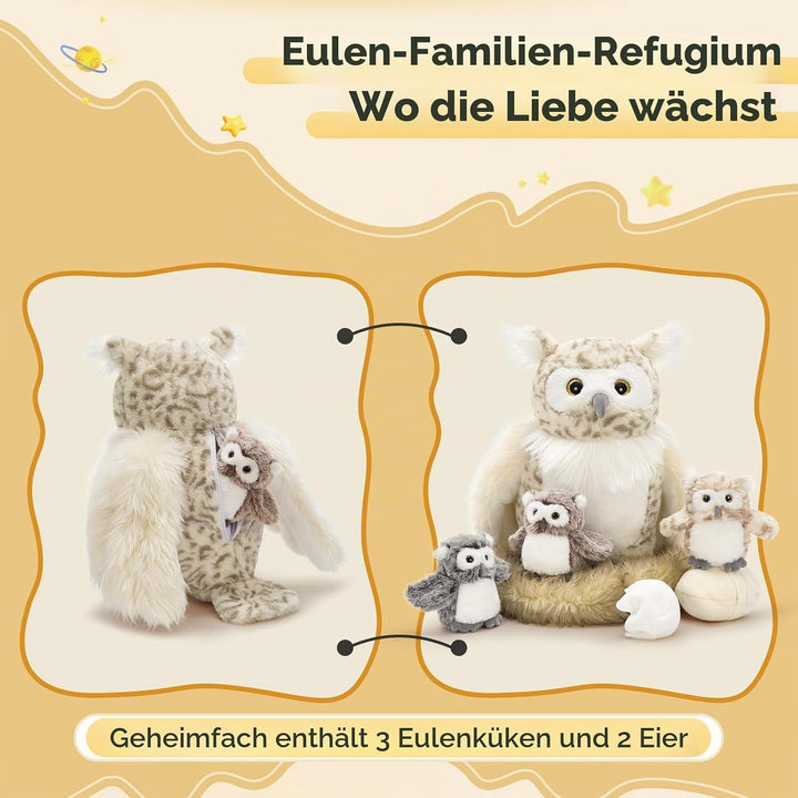 MorisMos gross Eule Kuscheltier XXL Set, 40cm hoch riesen Eule Kuscheltier mit 3 Babys im Bauch, owl