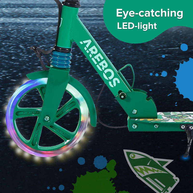 Arebos Cityroller Tretroller mit LED | höhenverstellbar | klappbar | inkl. Tragegurt | Hand- & Tritt