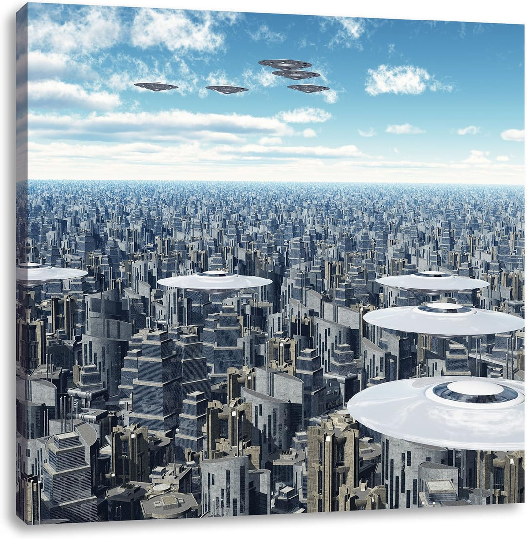 Ufo´s über der Stadt, Format: 70x70 auf Leinwand, XXL riesige Bilder fertig gerahmt mit Keilrahmen,