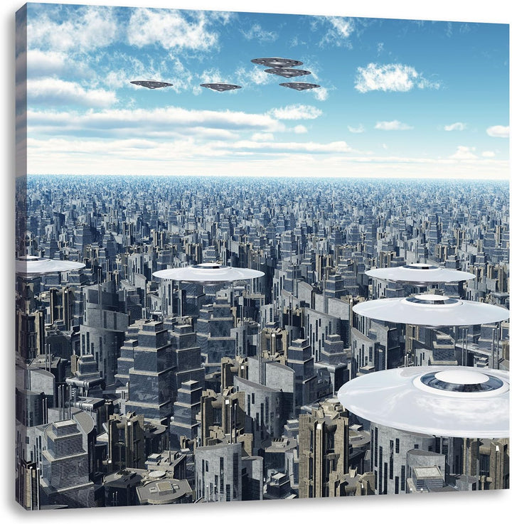 Ufo´s über der Stadt, Format: 70x70 auf Leinwand, XXL riesige Bilder fertig gerahmt mit Keilrahmen,