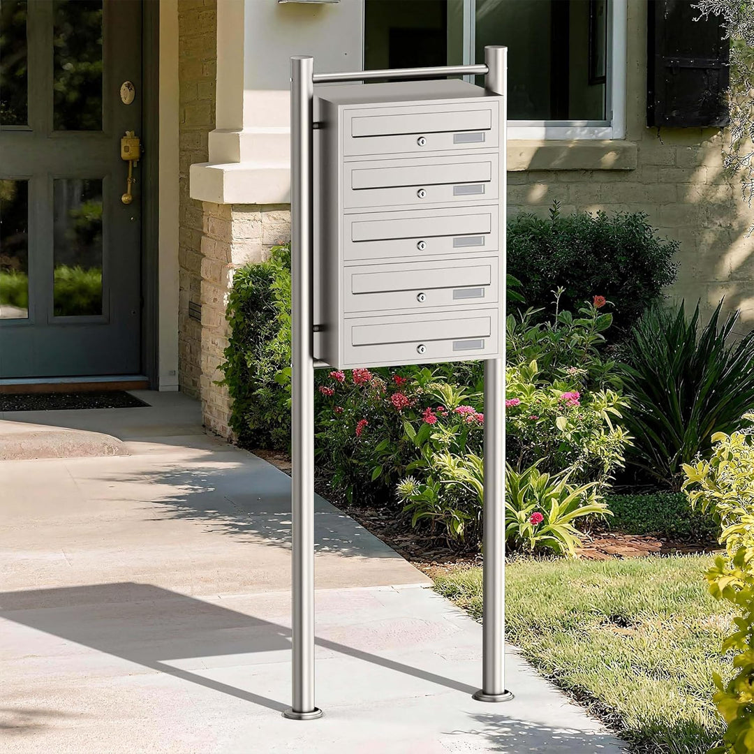 Wiltec 5er Briefkastenanlage Edelstahl 556 x 270 x 1500 mm, Standbriefkasten mit 5 Fächern, Schlüsse
