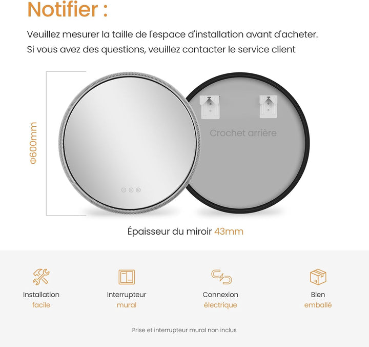 EMKE Spiegel mit Beleuchtung Rund 60cm LED Badspiegel mit Beleuchtung Touch-Schalter, Dimmbar 3 Lich