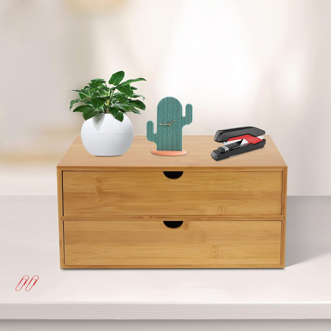 Schreibtisch Organizer Bambus | 2 Schubladen Aufbewahrungsbox | Natur Holzoptik | Tischablage für Bü