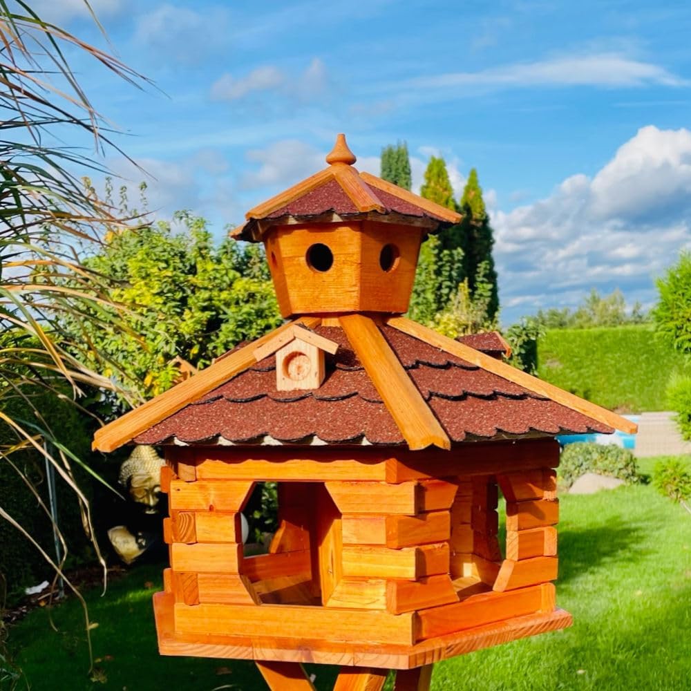 Handgefertigtes Sechseck Vogelhaus aus Holz wetterfest M - XXL mit und ohne Ständer, Futterhaus, Fut