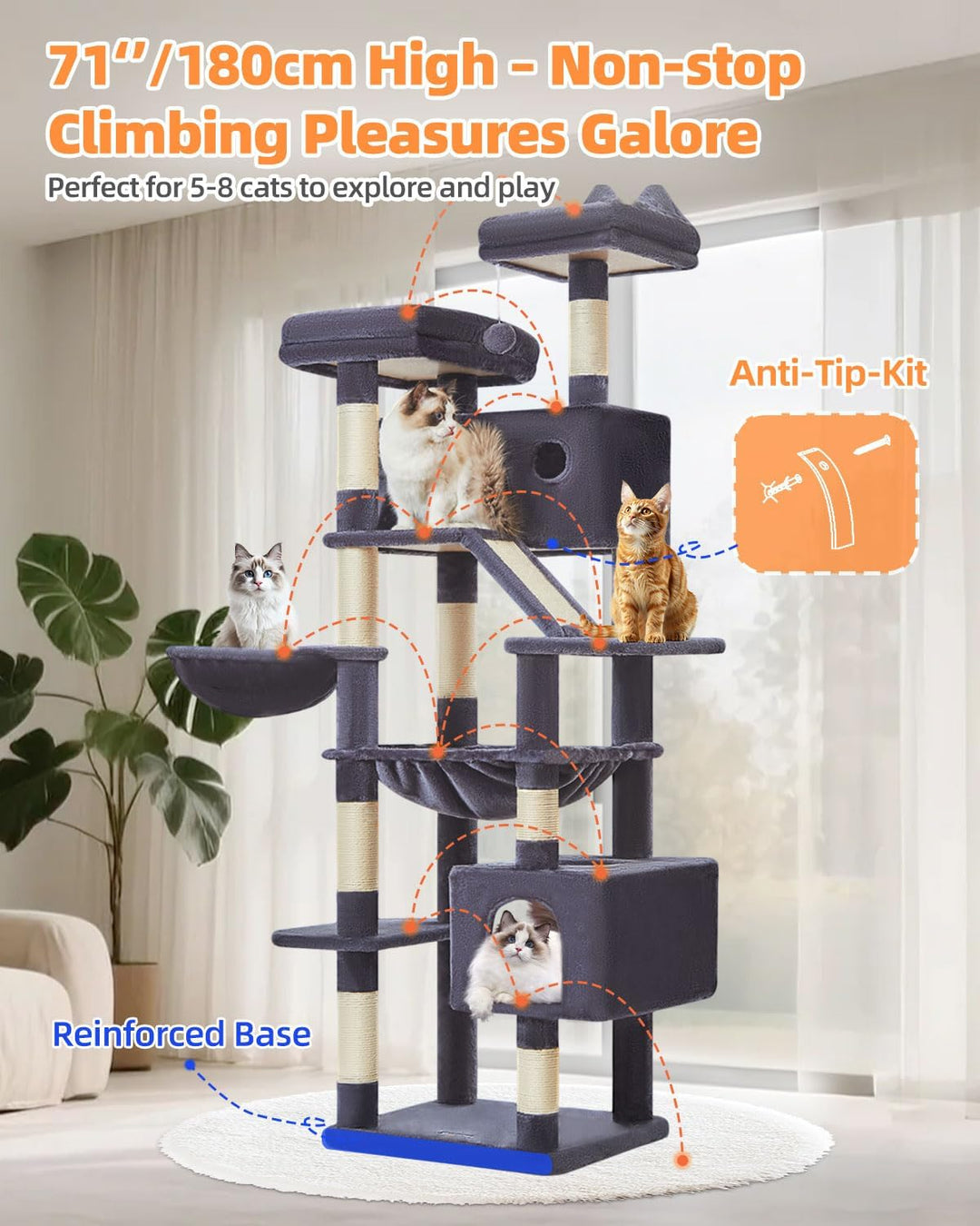 Taoqimiao 180CM Kratzbaum Gross, Katzenbaum Katzen Kratzbaum Grosse Katzen Stabil mit 2 Katzenhaus,