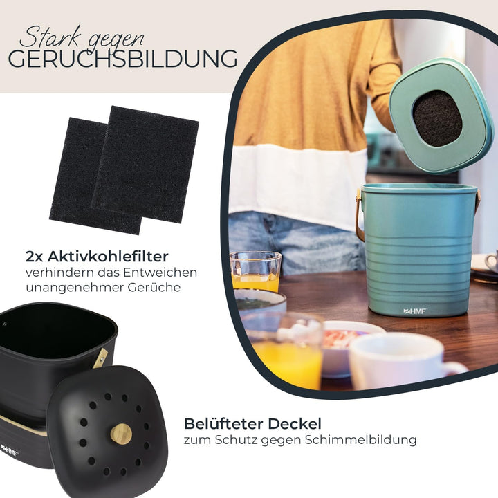 HMF Nachhaltiger Biomülleimer Küche, Geruchsdichter Komposteimer mit Deckel | 6 Liter | Schwarz Schw