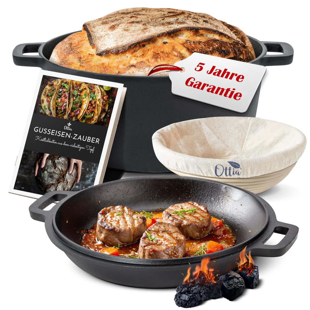 Ottia purer Gusseisen Topf mit Gärkorb, 26cm, als Brotbackform, Brotbacktopf, Dutch Oven, Brotbackfo
