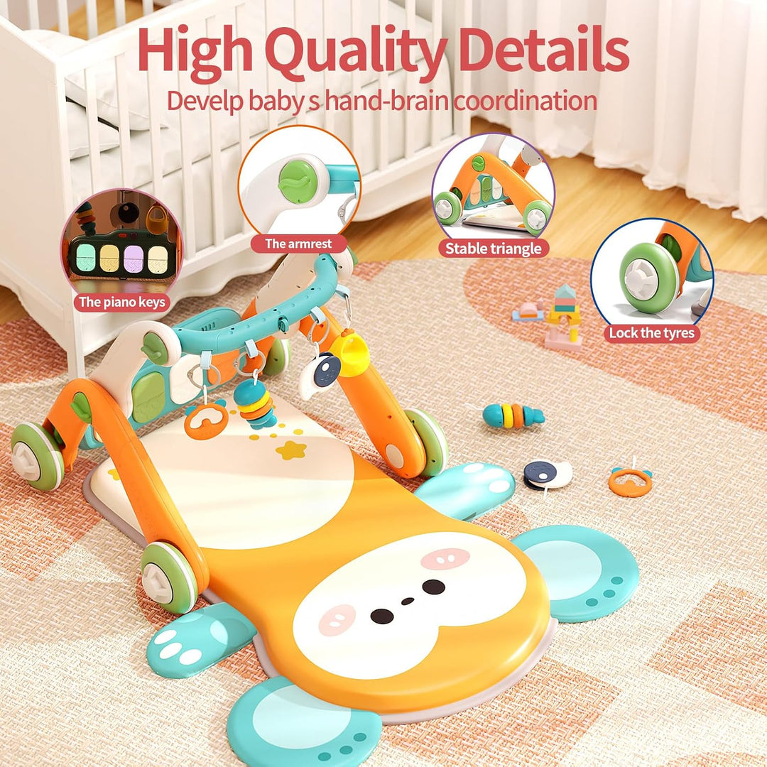 2 in 1 Baby Gym with Walker,Baby Play Mat with 5 Infant Learning Sensory,Double-Sided Multifunctiona