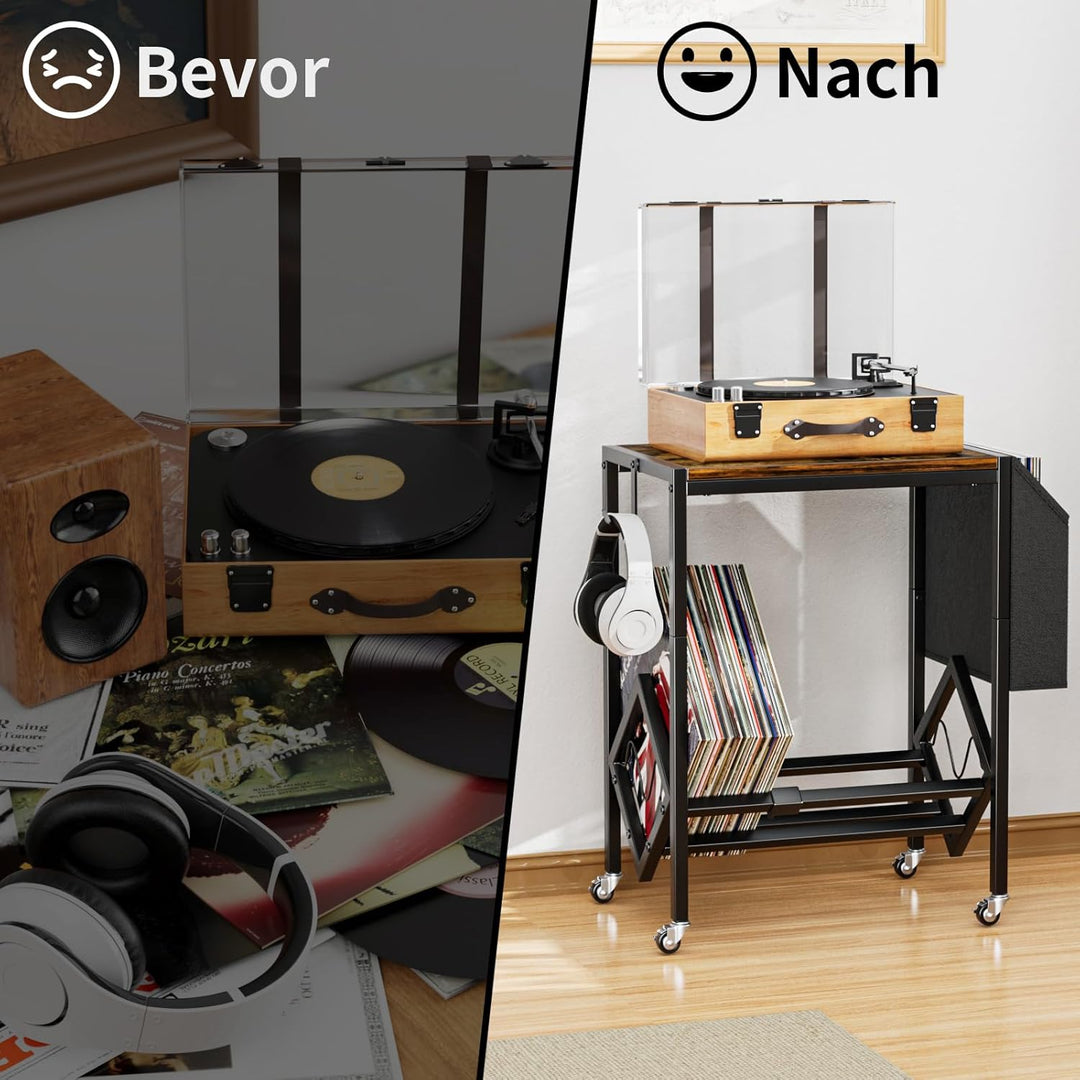 EKNITEY Vinyl Schallplatten Aufbewahrung Ständer - 80-Platten Retro Stahl-Holz Ständer mit organisie