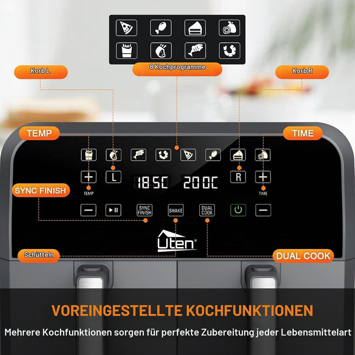 Uten Doppel Heissluftfritteuse, 8L Heissluftfritteuse Dual Zone, XXL Airfryer mit 2 Kammern, Silikon