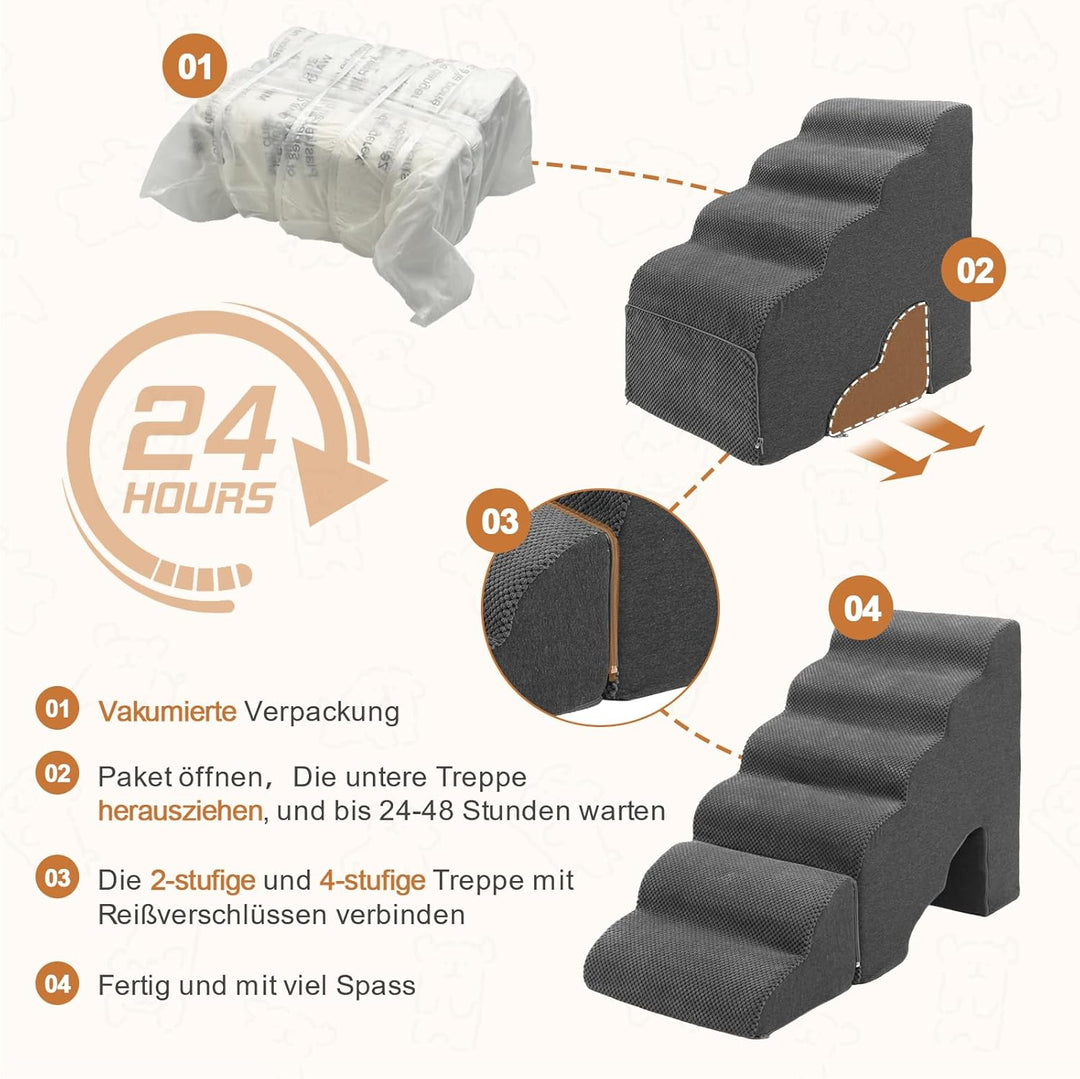 Hundetreppe 60cm Hoch für Bett, 6 Stufen Hunderampe für Boxspringbett, rutschfeste Haustiertreppe/Ra