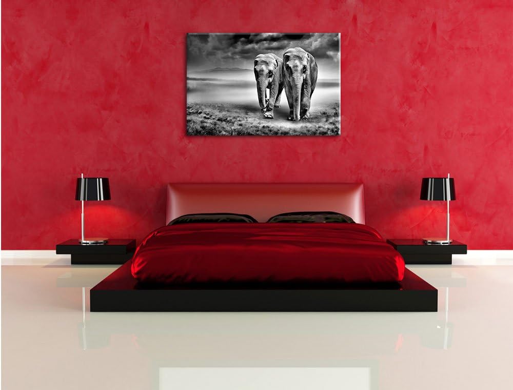 Pixxprint Elefanten in Steppe als Leinwandbild/Grösse: 100x70 / Wandbild/Kunstdruck/fertig bespannt,
