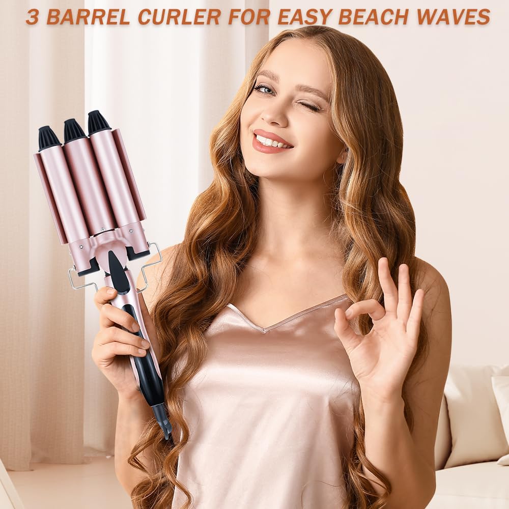 Aischens 3 Fässer Welleneisen 25mm, Lockenstab mit 3 Stangen mit 4 Einstellbaren Temperaturen, Welle