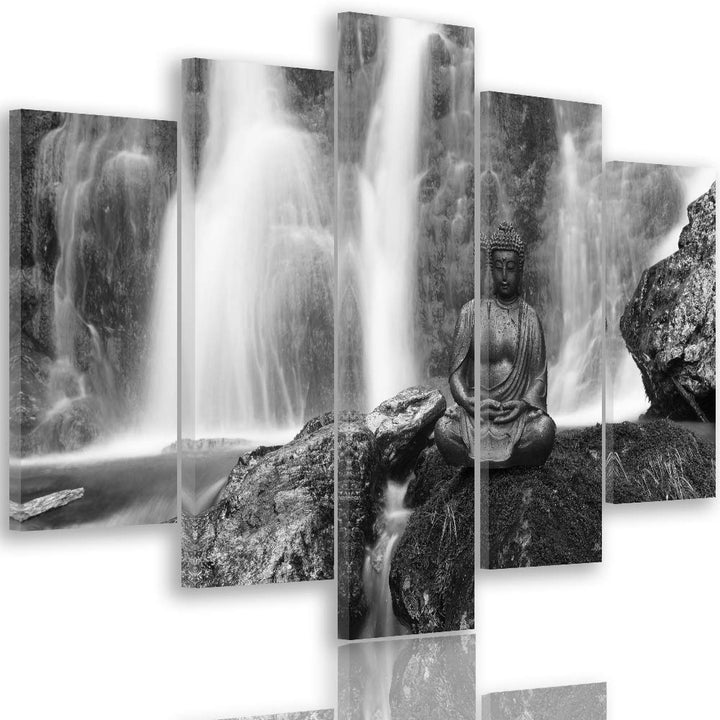 Feeby Leinwandbild Buddha 5 TLG Bild Kunstdruck Wasserfall Natur Schwarzweiss 100x70 cm Leinwandbild