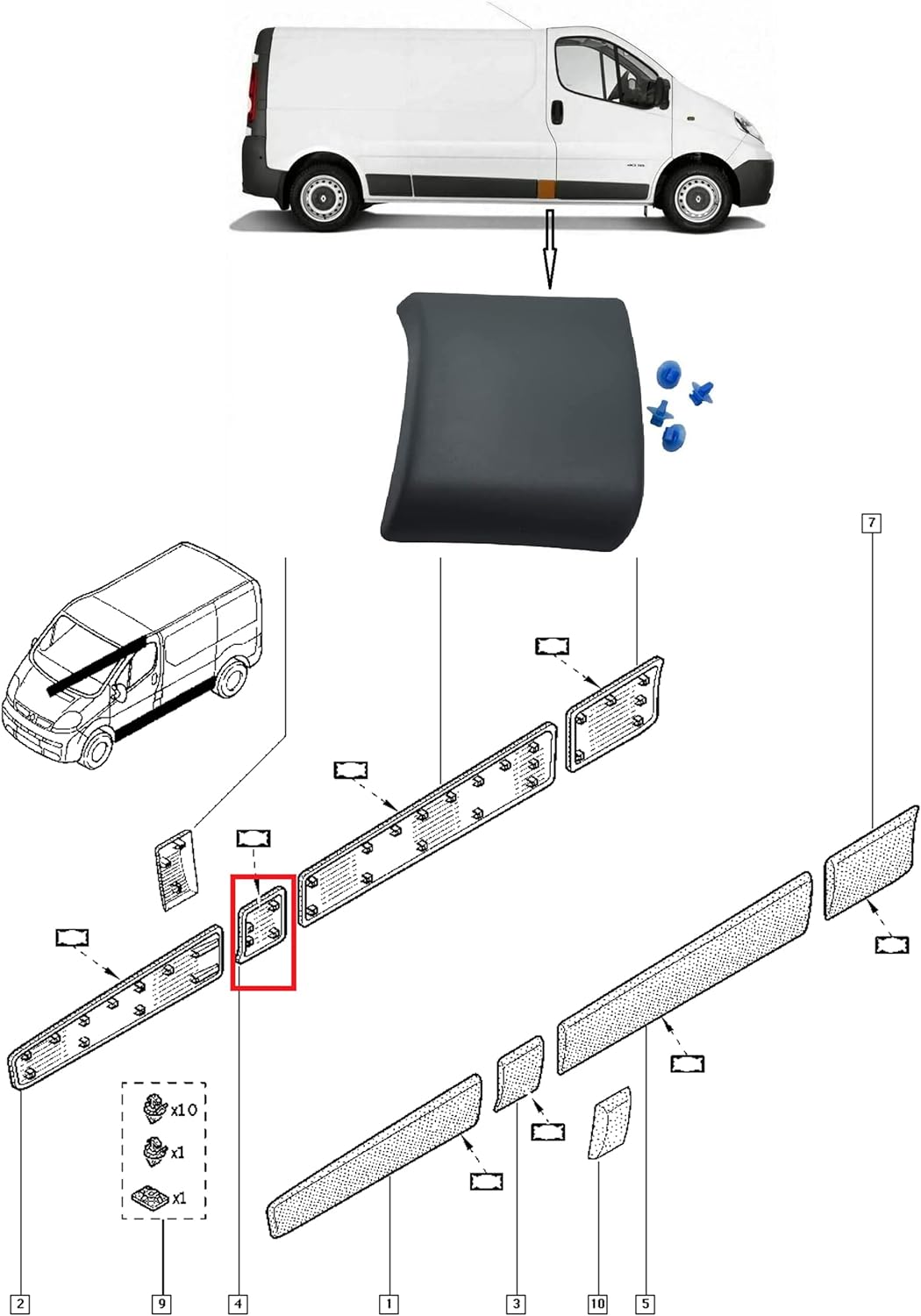 MKAREPART Zierleiste für Seitentür, rechts mit Vivaro Trafic MK2 Primaster 2001-2014 (rechts klein)