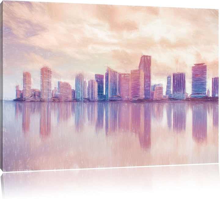 Pixxprint Miami Florida Skyline / 100x70cm Leinwandbild bespannt auf Holzrahmen/Wandbild Kunstdruck