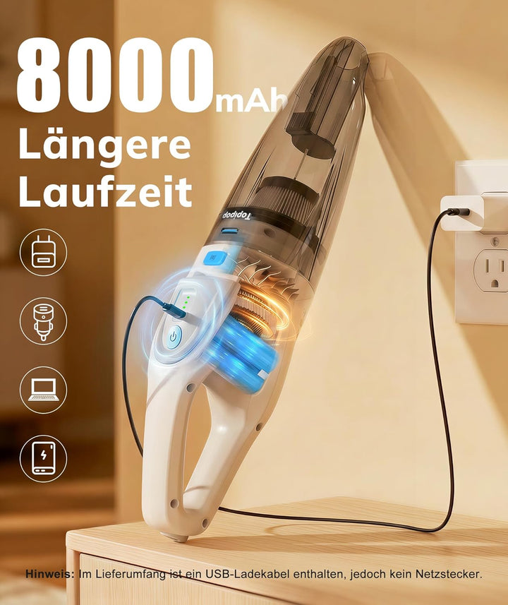 Topipop Handstaubsauger Akku mit 25000Pa Starke Saugkraft,Kabelloser Staubsauger mit HEPA-Filter & A