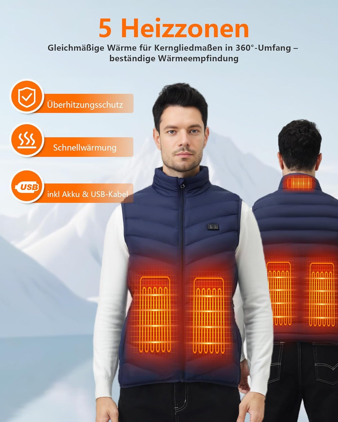 Beheizbare Weste für Herren mit Akku 10000mAh Heizwesten 5 Heizzonen 3-Stufige Temperaturregelung Do