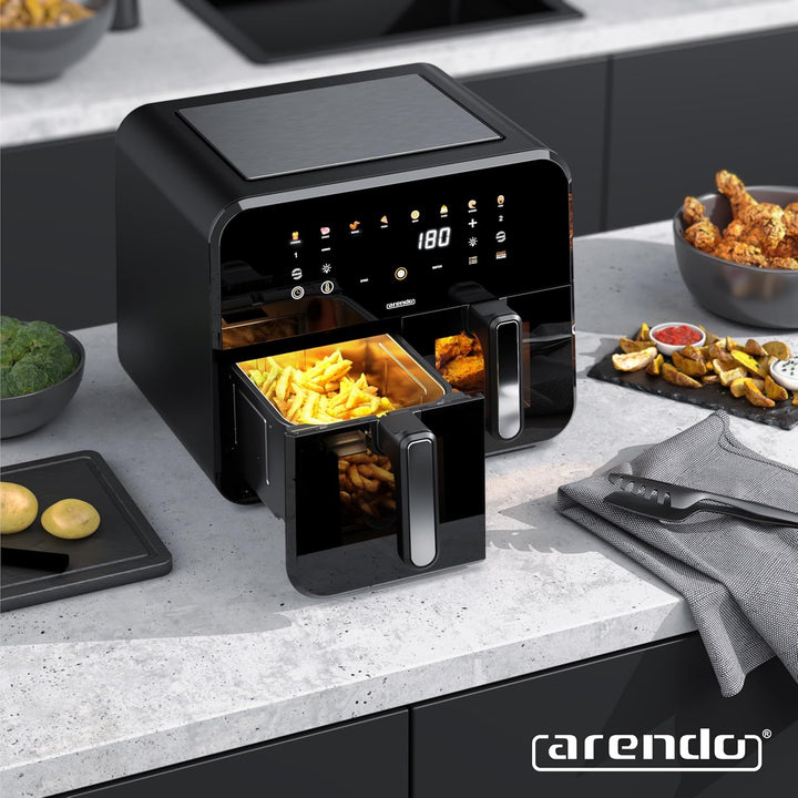 Arendo - XXL Heissluftfritteuse 11 Liter - 2 Kammern mit Fenster - extra Gross Dual Zone - Backofen