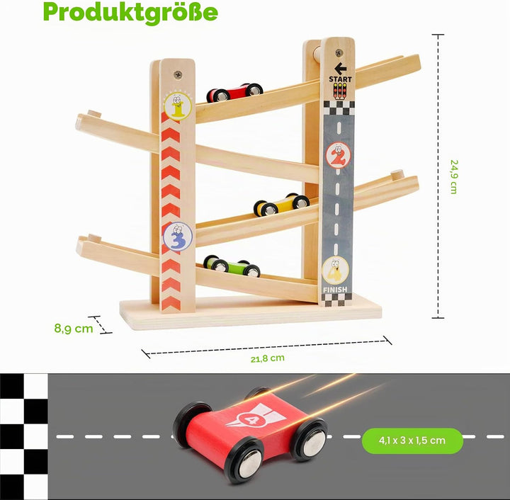 Holz Kugelbahn Autorennbahn mit 4 Autos Zick-Zack-Autorutsche Autorennbahn Holz Spielzeug Rennbahn L