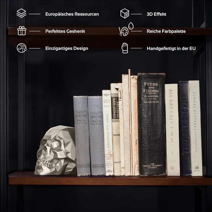 concrette Buchstütze Skull Low-Poly Totenkopf aus architektonischem Beton - Stütze für Bücherregal B