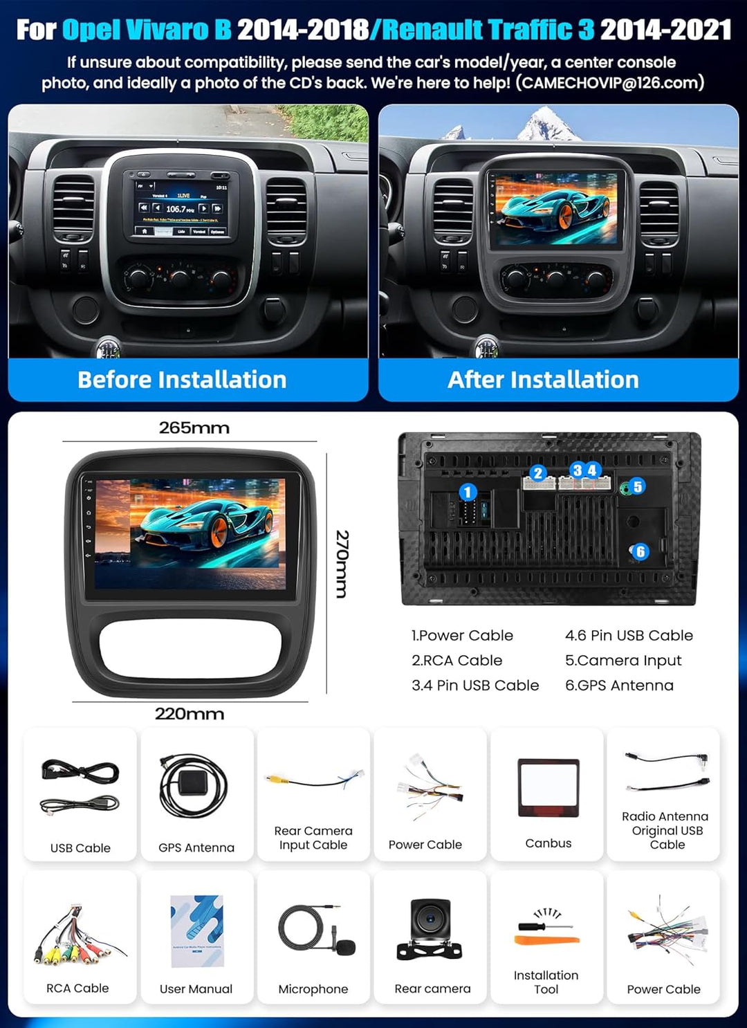 CAMECHO 4G+64G Android 15 Autoradio für Renault Traffic 3 2014-2021/Opel Vivaro B 2014-2018 mit Navi