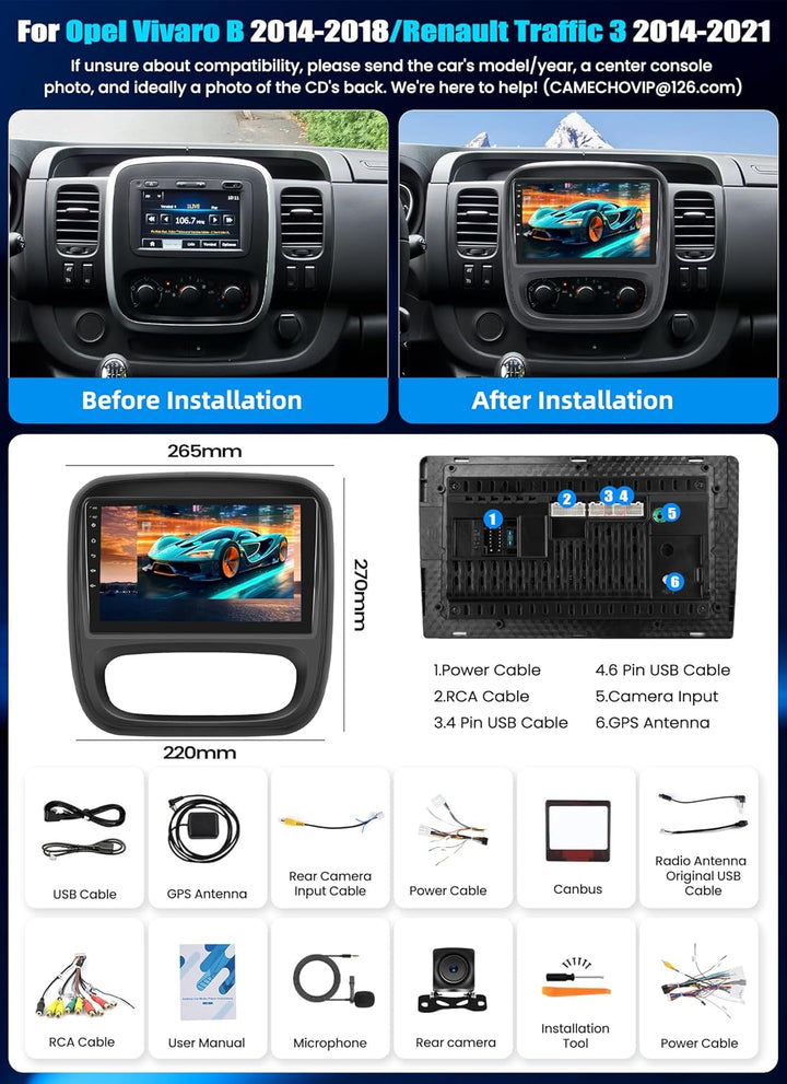 CAMECHO 4G+64G Android 15 Autoradio für Renault Traffic 3 2014-2021/Opel Vivaro B 2014-2018 mit Navi