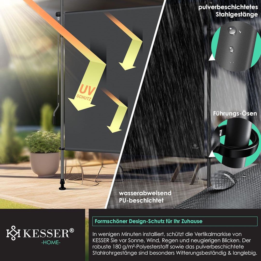 KESSER® Klemmmarkise Senkrechtmarkise 200x310cm Ausziehbar & Blickdicht Vertikalmarkise mit Handkurb