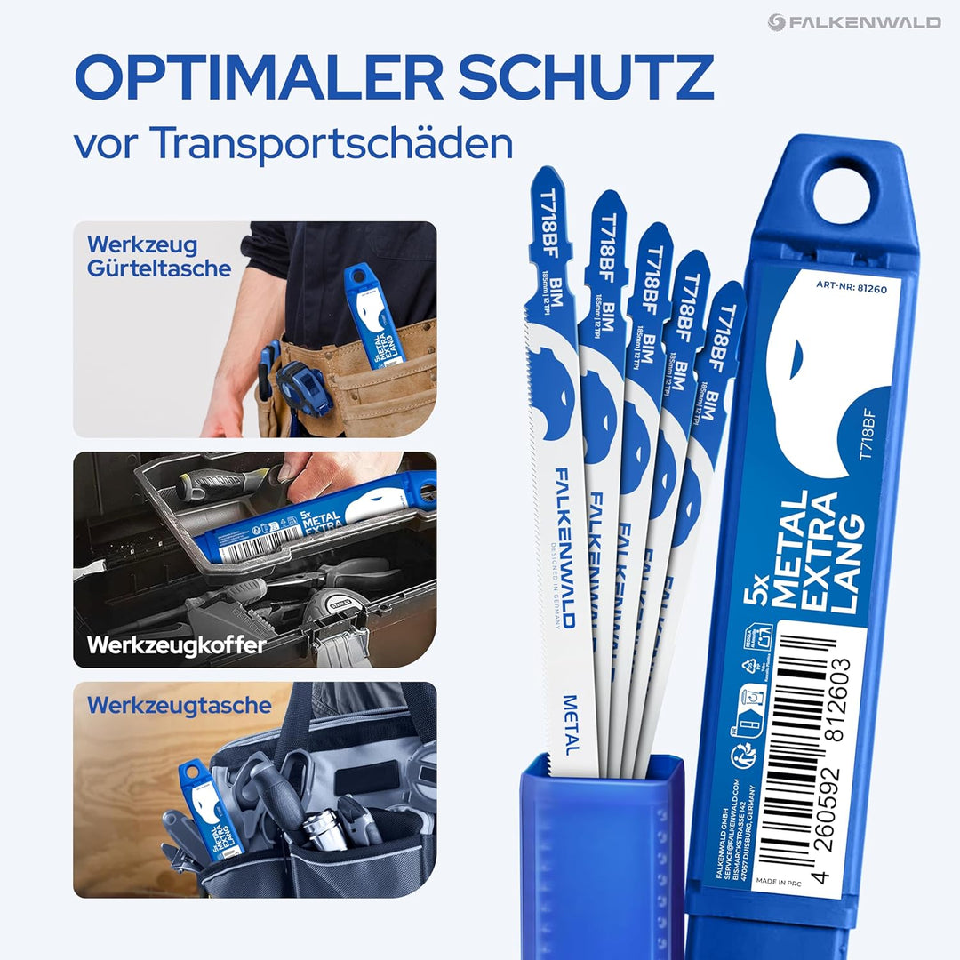 FALKENWALD® Stichsägeblätter Metall 5x T718BF – Extra lange Sägeblätter 180mm für Metall, Kunststoff