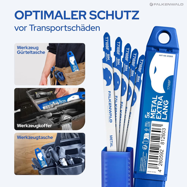 FALKENWALD® Stichsägeblätter Metall 5x T718BF – Extra lange Sägeblätter 180mm für Metall, Kunststoff