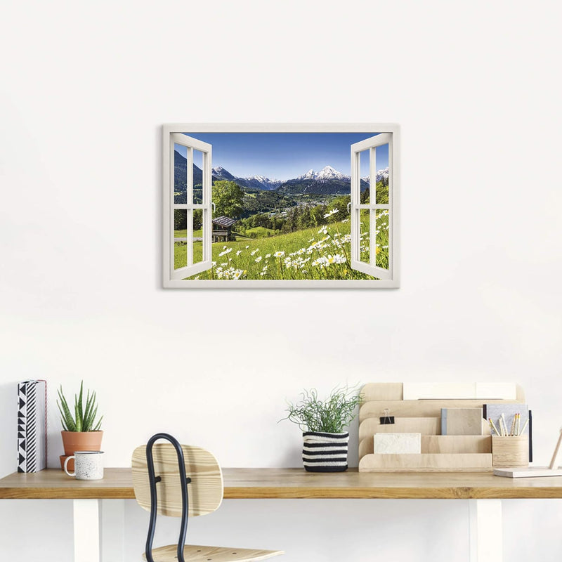 Artland Leinwandbild Wandbild Bild auf Leinwand 70x50 cm Wanddeko Fensterblick Fenster Alpen Landsch