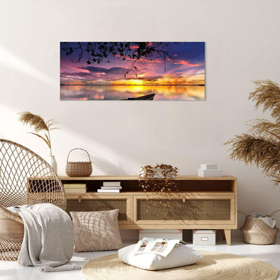 Wandbilder Dekoration Wohnzimmer Boot Sonnenuntergang See Himmel Panorama Bilder auf Leinwand 120x50