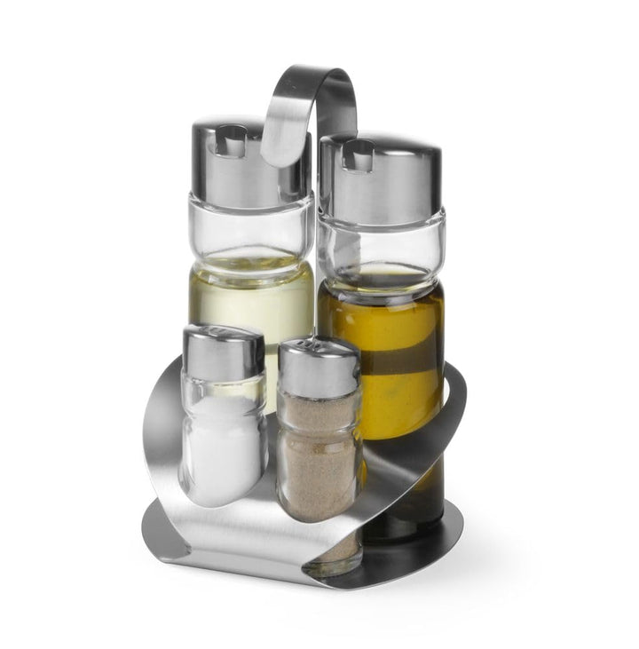 HENDI Menage Set, Vierteilig, Pfeffer, Salz, Öl, Essig Satiniert, Pfefferstreuer, Salzstreuer, Gewür